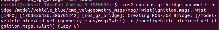 Output confirming the ROS to Gazebo bridge was created