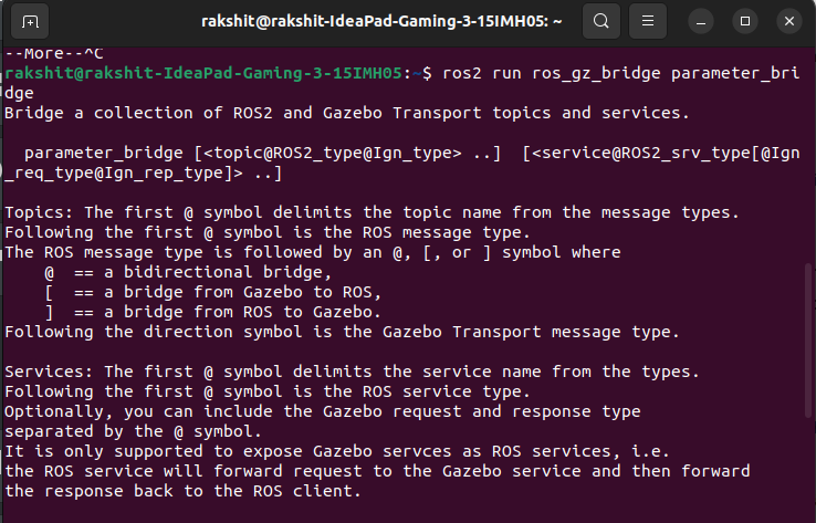 Output of the ros_gz_bridge node with instructions