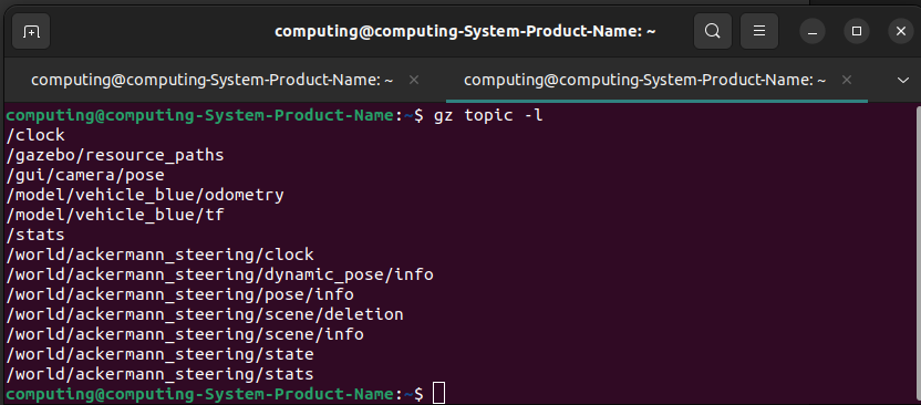 Terminal output of gz topic -l