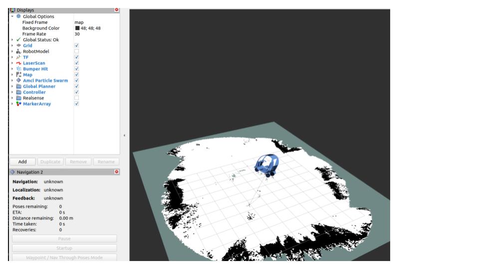RViz2 showing the vehicle localised in a mapped area